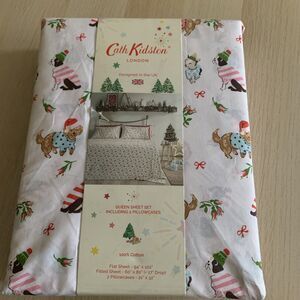 New! Cath Kidston London Cotton Sheet Set Queen Puppy Love Xmas Holiday 4PC